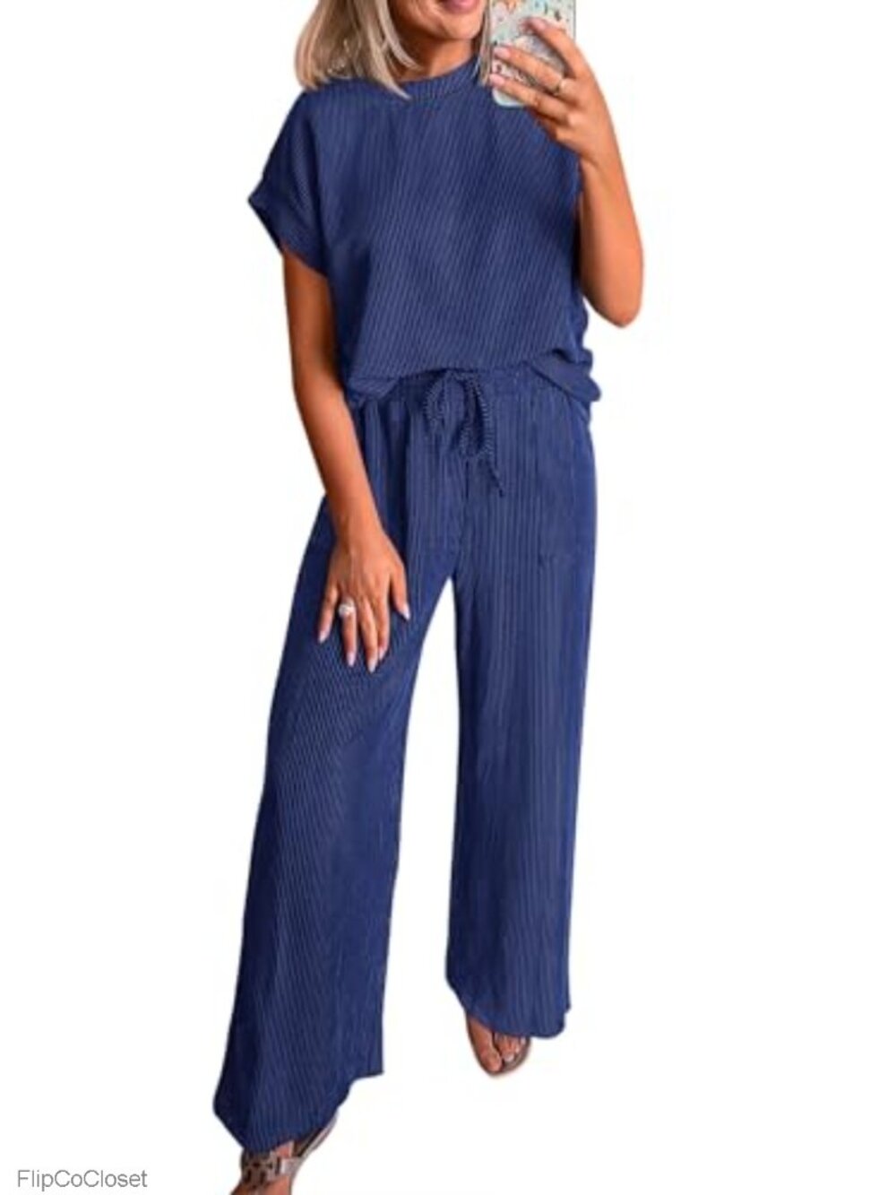 2 Piece Lounge Set Women Knit Ribbed Top Wide Leg Pants Athleisure